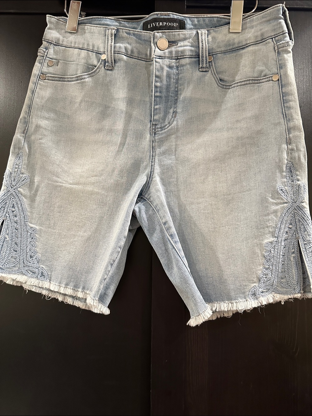 Liverpool Light Blue Denim Jean Shorts with Crochet Trim